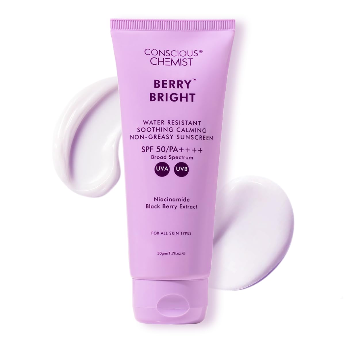 Conscious ChemistÂ® Sunscreen SPF 50 PA++++ In-Vivo Tested | 50g | Sunscreen for Oily Skin, Gel Sunscreen, Niacinamide with Black Berry Extract, Hybrid Lightweight, All Skin Types - Berry Bright