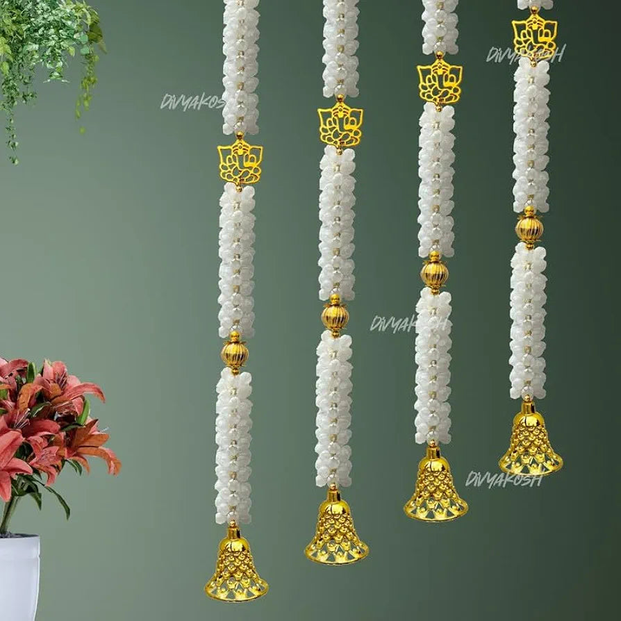 Fabric White Mogra Flower Ganeshji and Bells Wall Hanging Pack of 4 Strings Artificial Flower Latkan 3.5 Feet