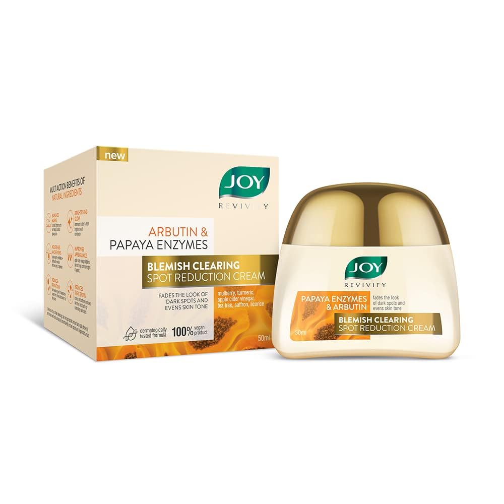 Joy Revivify Arbutin & Papaya Enzymes Blemish Clearing Spot Reduction Cream | Skin Brightening Cream| Soothing | Anti-ageing properties | Pollution defense â€“ 50 ml