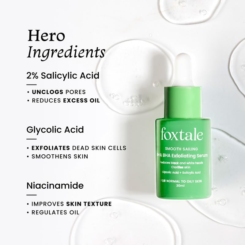 Foxtale 2% Salicylic Acid AHA BHA Exfoliating Serum with Niacinamide, Fights Acne, Reduces Blackheads & Whiteheads, Reduces Excess Oil & Bumpy Texture, For Oily, Acne Prone Skin, Men & Women, 30 ml