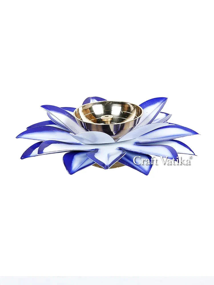 Lotus Kamal Diya Brass Diyas Oil Lamp Stand Blue & White