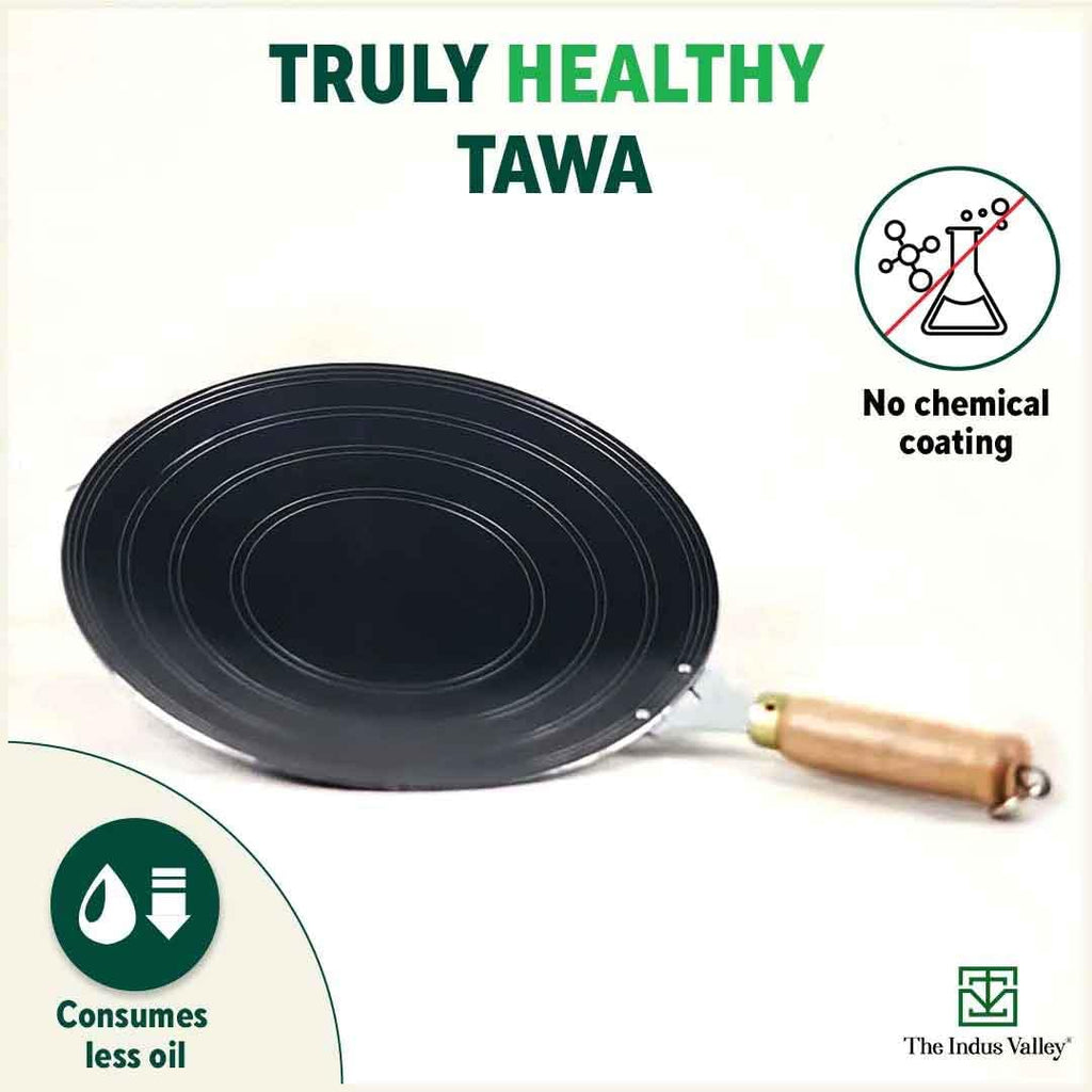 The Indus Valley Pre-Seasoned Iron Tawa for Dosa/Chapathi with Wooden Handle 27cm