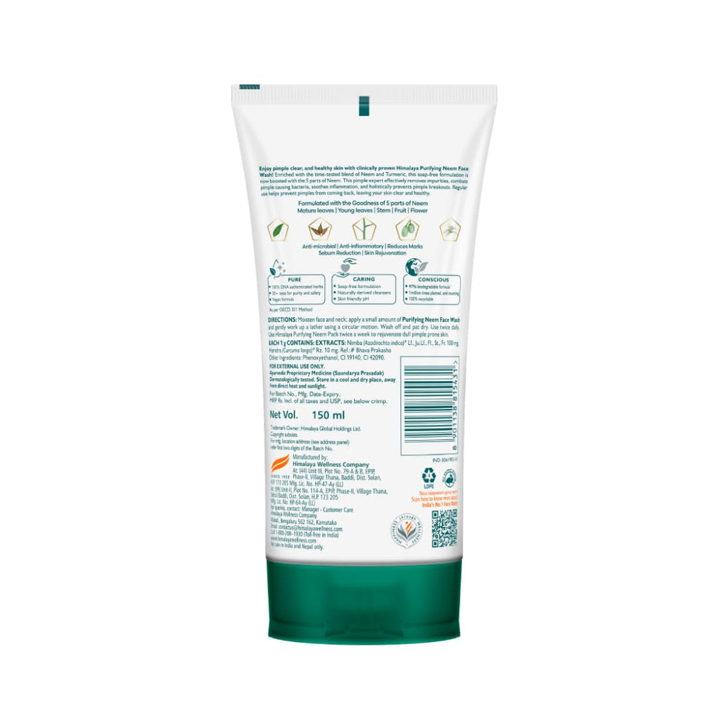 Himalaya Purifying Neem Face Wash, 150 ml | Soap Free | Paraben, Phthalates free | Best for Acne Prone Skin | Eliminates Pimples