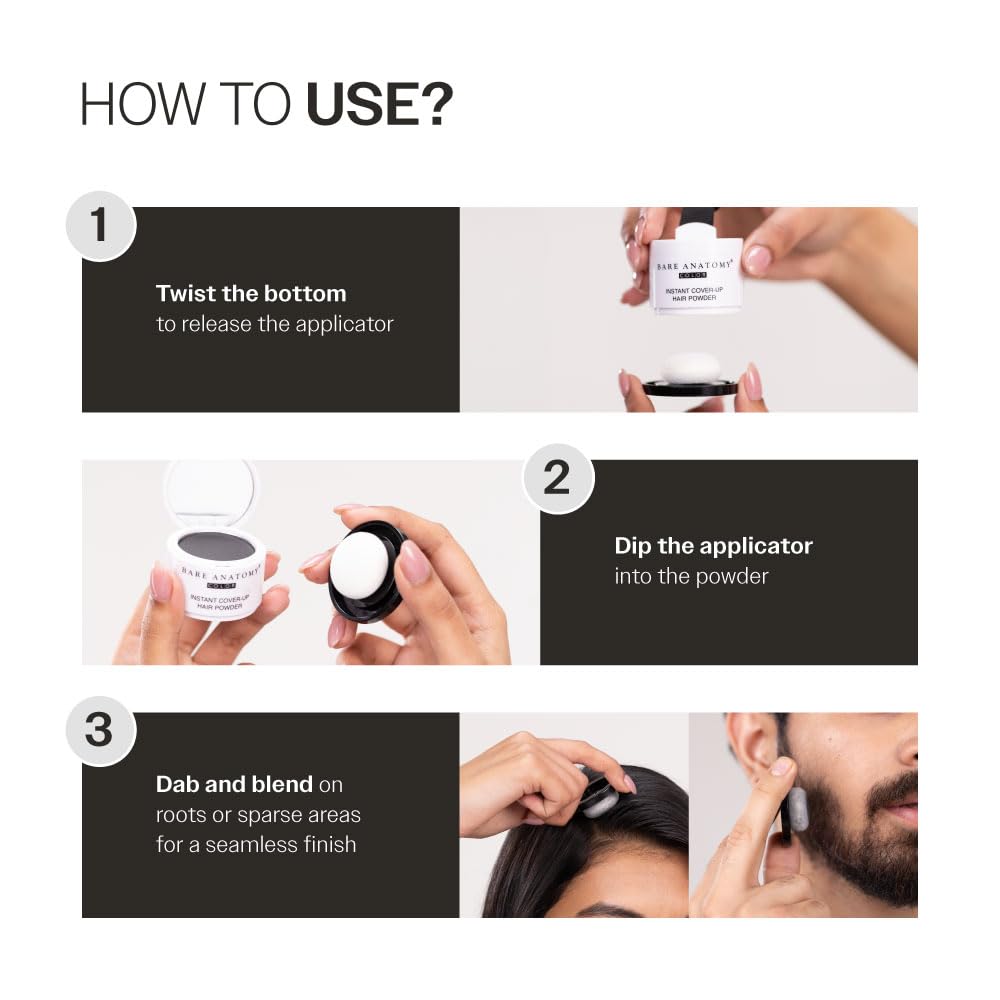 Bare Anatomy Instant Cover-Up Hair Powder | 100% Instant Grey Coverage | Seamless Natural Finish | Gentle, Non-Drying Formula | Black Color | 4gm