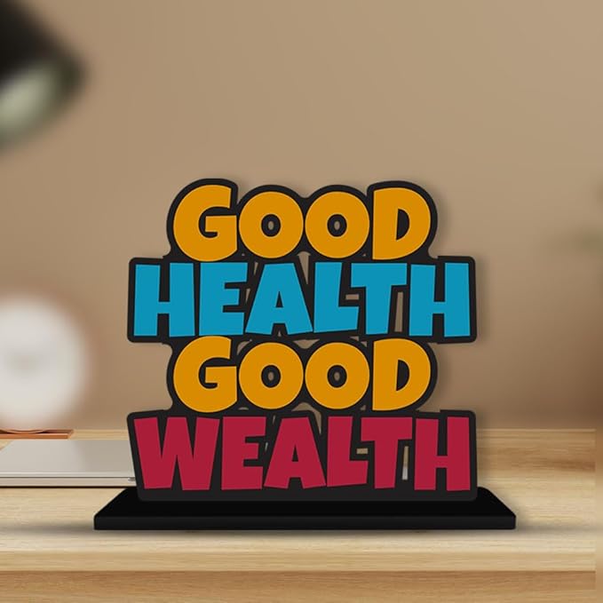 Artvibes Wooden Idols and Figurine Good Health Good Wealth Quotes Table Decoration for Office Desk | Home Decor Item