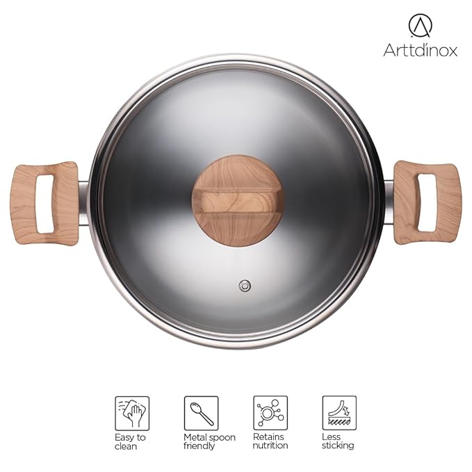 Arttdinox Timber Stainless Steel Triply Pot With Glass Lid for Biryani | 20 Cm | 3 Ltrs | Wood Finished Handle | Jindal Stainless