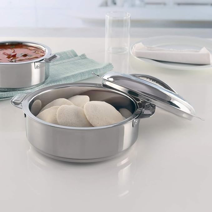 Borosil Stainless Steel Insulated 900 ml Server Casserole | Idli/Roti Server with Steel Lid