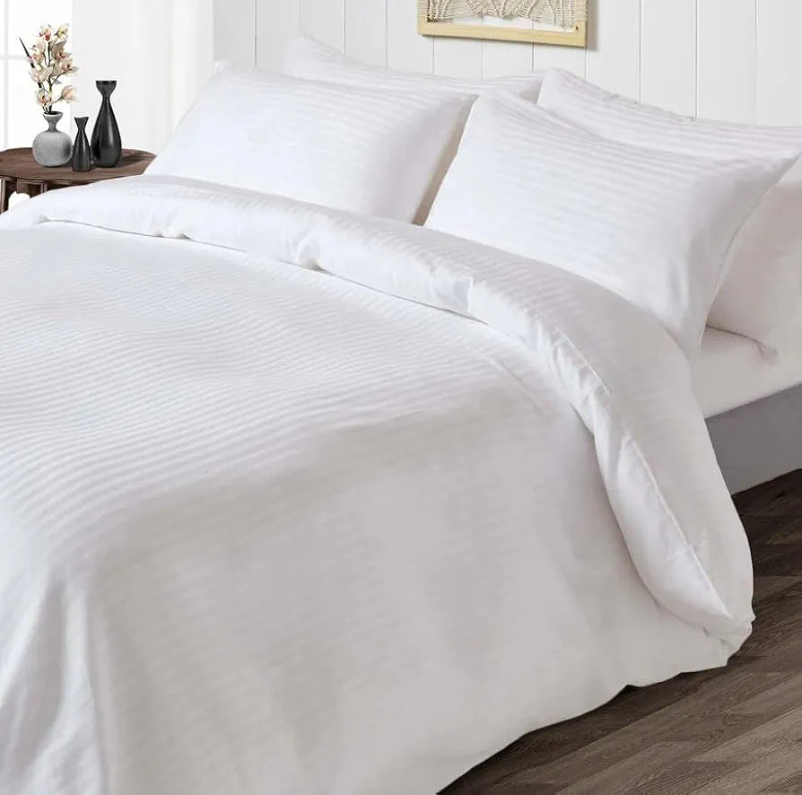Trance Home Linen Zippered 100% Cotton 300TC Satin Stripe King Size Duvet Cover Quilt Cover Blanket Cover Razai Comforter Cover with 2 Pillow Covers Colour White