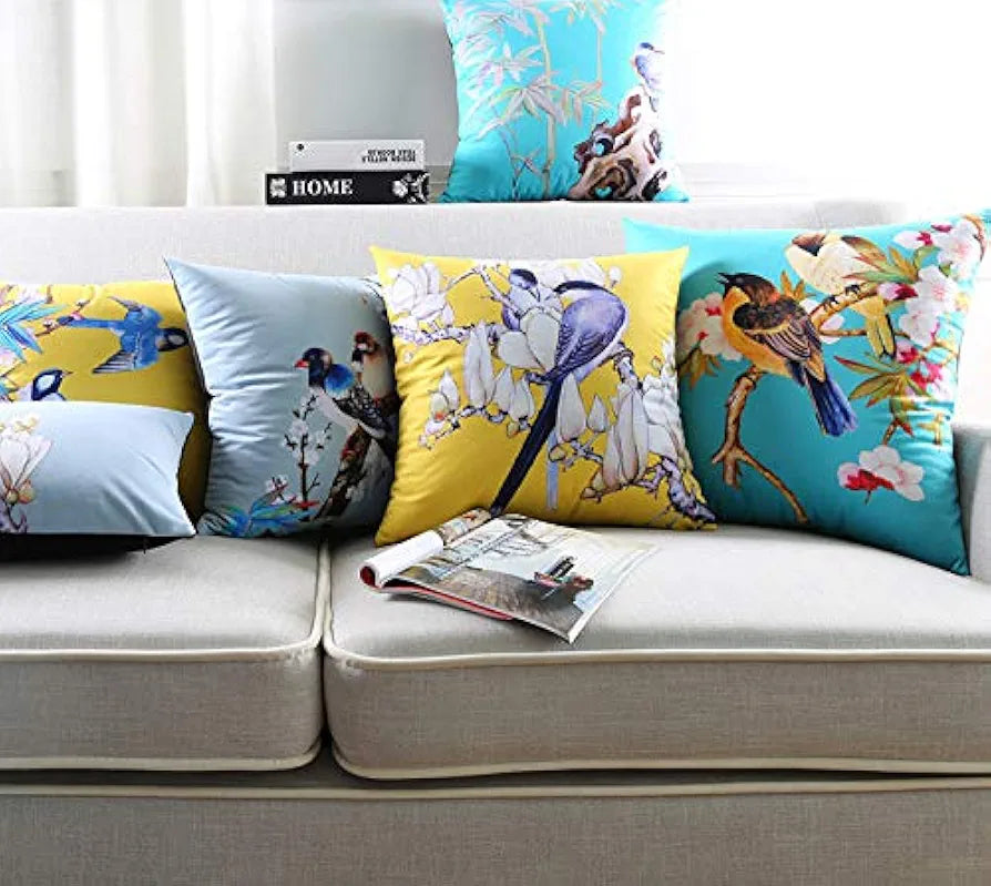 Aerohaven Set of 5 Nature-Inspired Bird Print Cushion Covers Cotton Linen Throw Pillow Covers