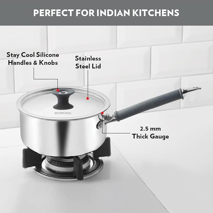 Borosil Cookfresh Tri-ply Stainless Steel Sauce Pan With Lid | Induction Friendly Tea Pan | 2.2 L | 18 Cm