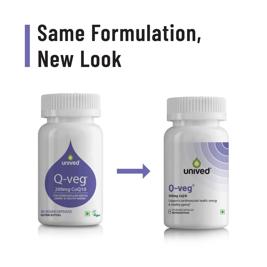 Unived Q-Veg, Natural Fermented CoEnzymeQ10 for Heart Health & Potent Anti-oxidant Activity, Highly Bio-Available with Piperine, 200mg Elemental CoQ10-30 caps