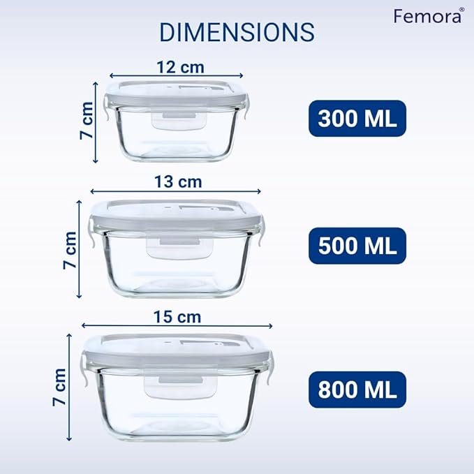 Femora Borosilicate Glass Containers for Kitchen | Storage Box for Kitchen With Air Vent Lid | Set of 3 | 300 Ml, 500 Ml, 800 Ml