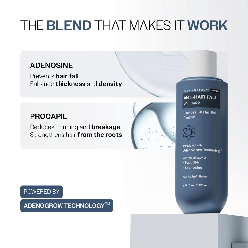 Bare Anatomy Anti Hair Fall Shampoo | 5x Hair Fall Control & Growth|Contains Biotin Adenosine, & Peptides | Rosemary, Rice Water, Hyaluronic Acid | For All Hair Types | For Women & Men | 250ml