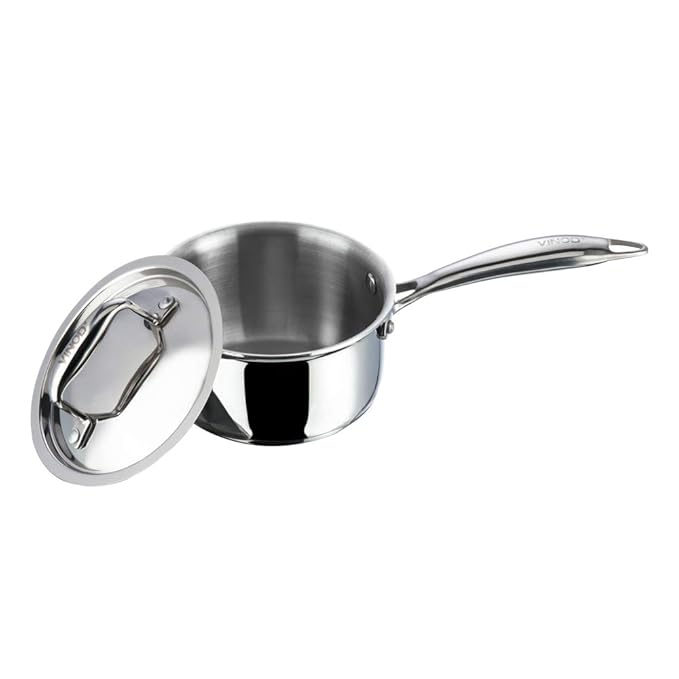 Vinod Platinum Triply Stainless Steel Saucepan with Lid - 1.2 litres (14 cm) | 2.5 mm Thick | Tea, Chai Pan
