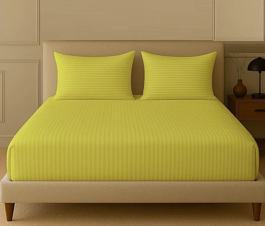 Trance Home Linen 100% Cotton 78x66 inch 200TC Satin Stripe Elastic Fitted Bedsheet Double Bed Fitted Bedspread with 2 Pillow Covers Colour Canary Yellow