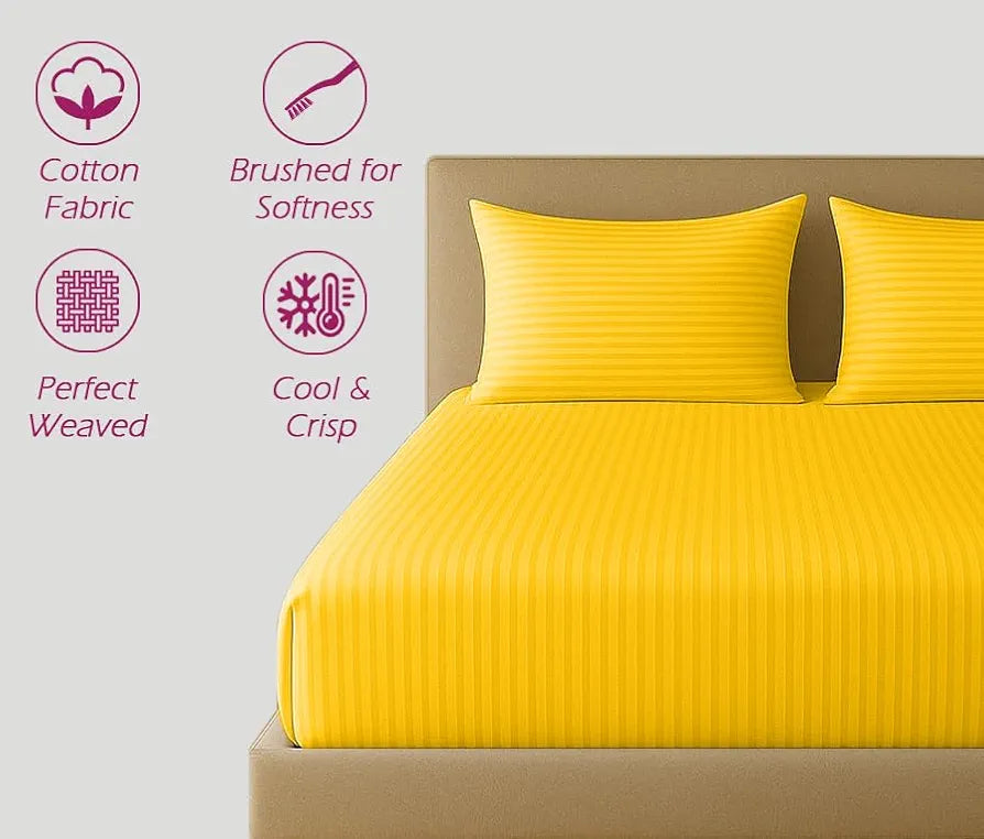 Trance Home Linen 100% Cotton 78x66 inch 200TC Satin Stripe Elastic Fitted Bedsheet Daily Use Double Bed Fitted Bedspread with 2 Pillow Covers Colour Golden Yellow