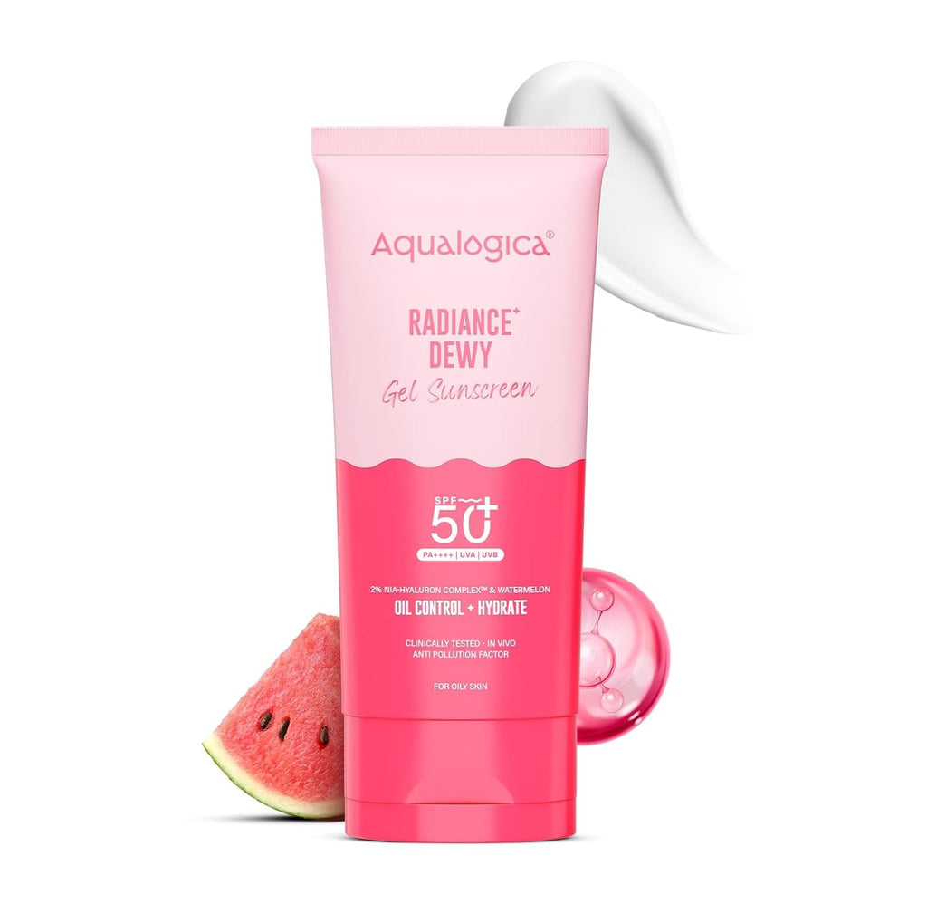Aqualogica Radiance+ Dewy Gel Sunscreen SPF 50+ PA++++, 80g | 2% Nia-Hyaluron Complex | Broad Spectrum UVA/UVB & Blue Light Protection | Fragrance-Free | No White Cast | Lightweight | Anti-Pollution | For Men & Women