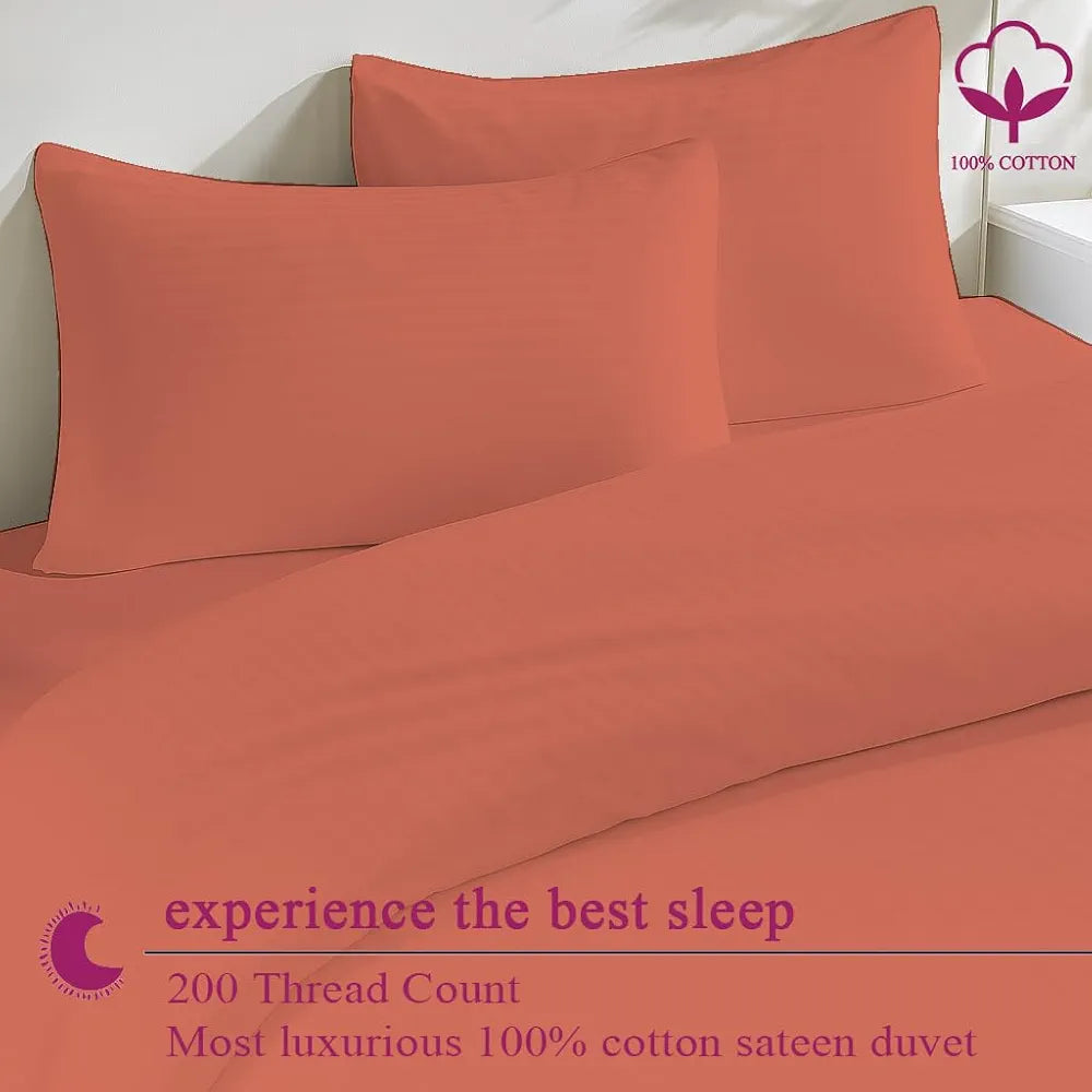Trance Home Linen Zippered 100% Cotton 200 TC Satin Stripe Queen Duvet Cover Quilt Cover with 2 Pillow Covers Colour Copper Rust