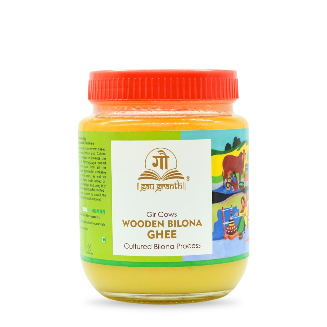 cow ved GauGranth A2 Gir Cow Ghee – 500ml (Pack of 1) | Traditional Wooden Bilona Desi Ghee | Hand-Churned from Grassfed A2 Gir Cow Milk | 100% Pure, Natural & Healthy | Vedic Method | Glass Jar Packaging