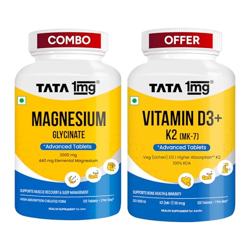 Tata 1mg Magnesium Glycinate, 120 Tablets + Tata 1mg Vitamin D3+K2, 120 Tablets