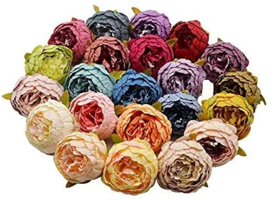 6 Pcs Artificial Fabric Rose Flower Heads Handmade Peony Style Flowers White