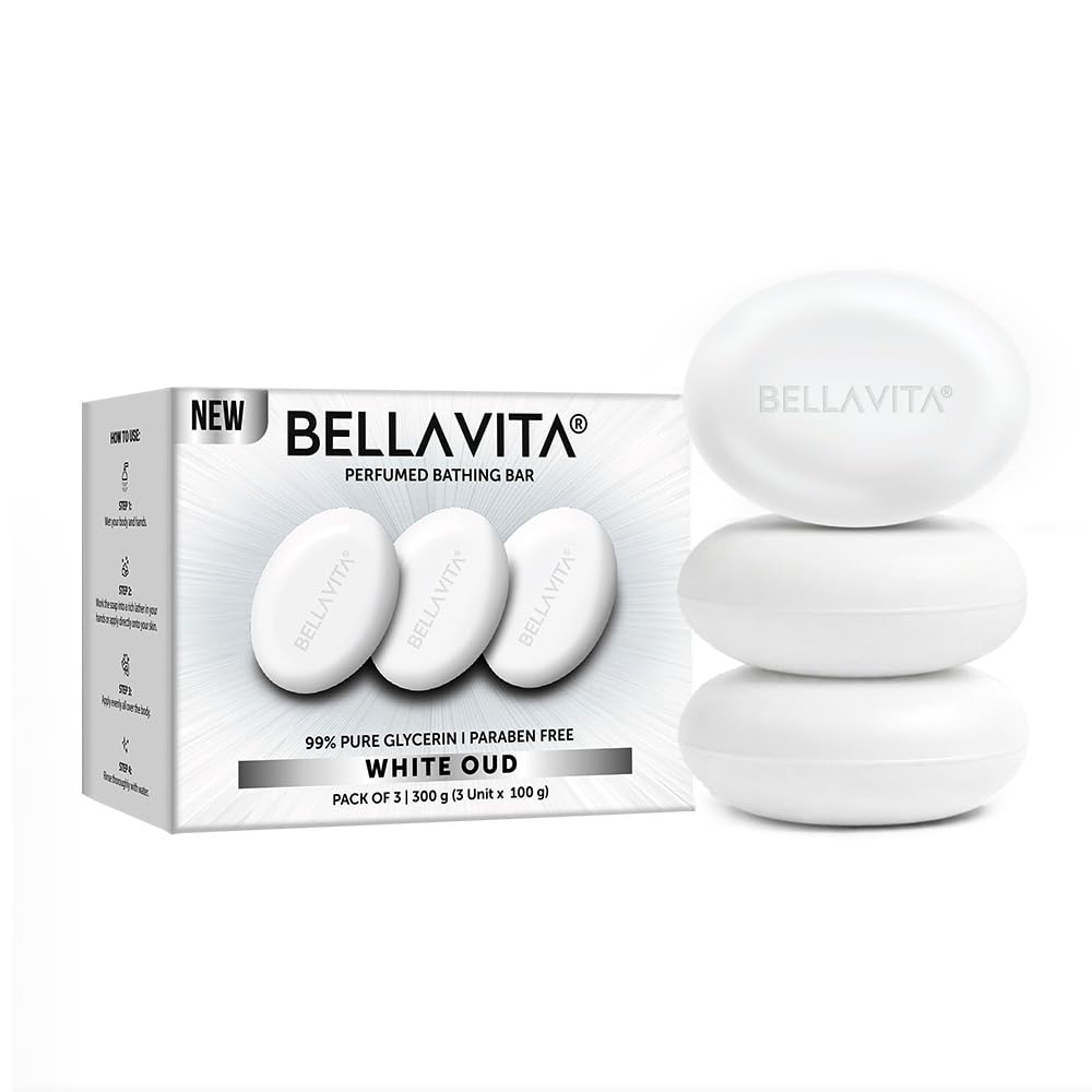 BELLAVITA White Oud Perfume Bathing Soap | Moisturising Skin | 99% Glycerin | Intense Freshness | Long-Lasting Fragrance | Paraben-Free | Mineral Oil-Free | Pack of 3 | 300g