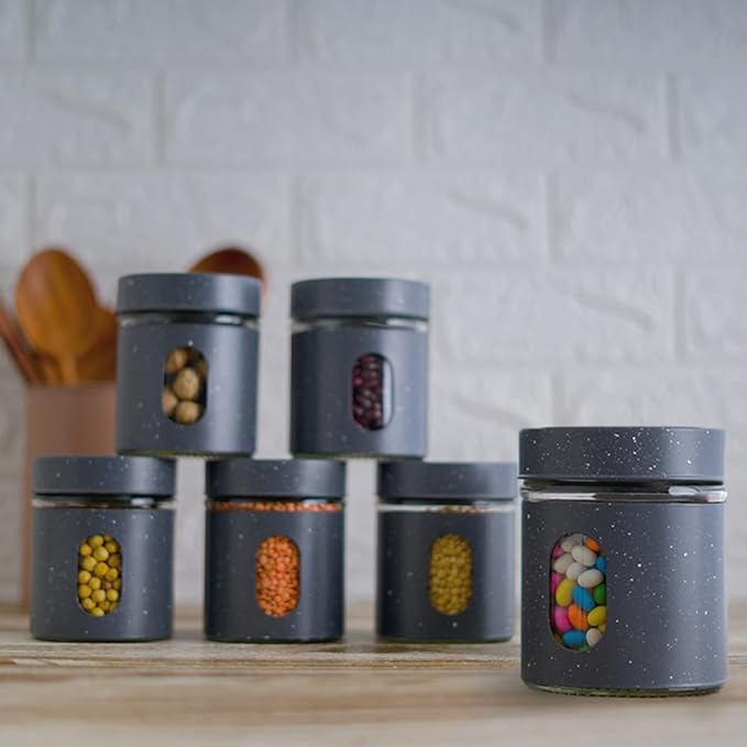 Femora Carbon Steel Jar for Kitchen Storage With Clear Glass Window and Carbon Steel Lid | 300 Ml | 3pc Set | Blue- Green