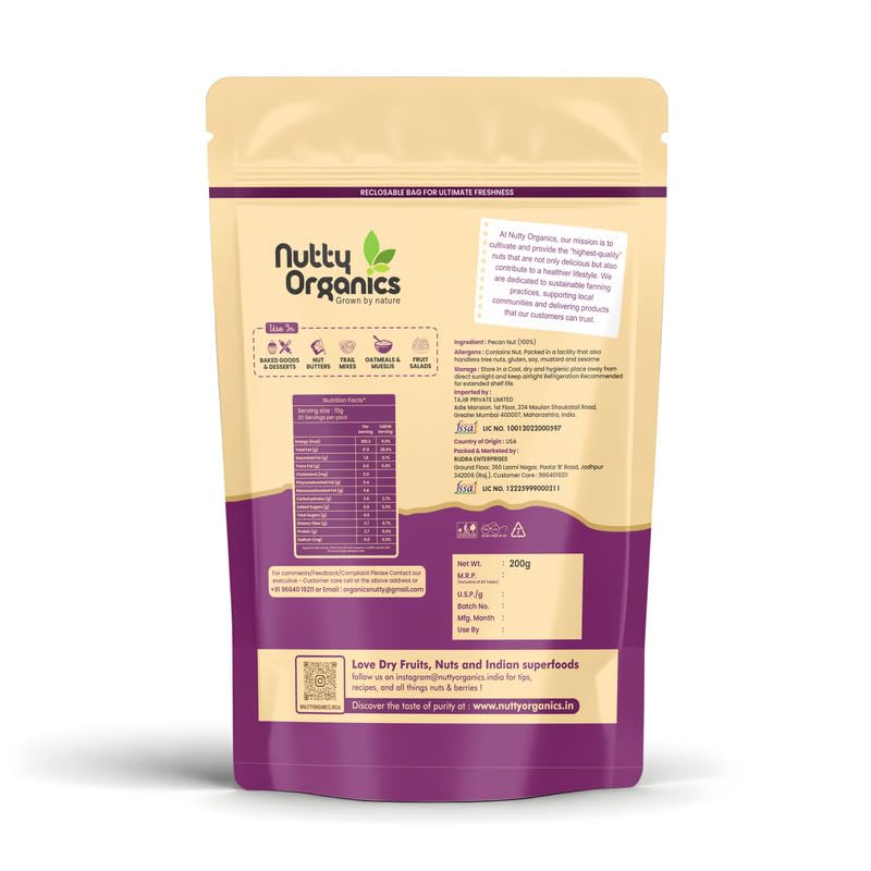 Nutty Organics Pecan Nuts Kernel 200g | Premium Shelled Pecan Nuts | Rich in Antioxidants & Healthy Fats | Natural Dry Fruits