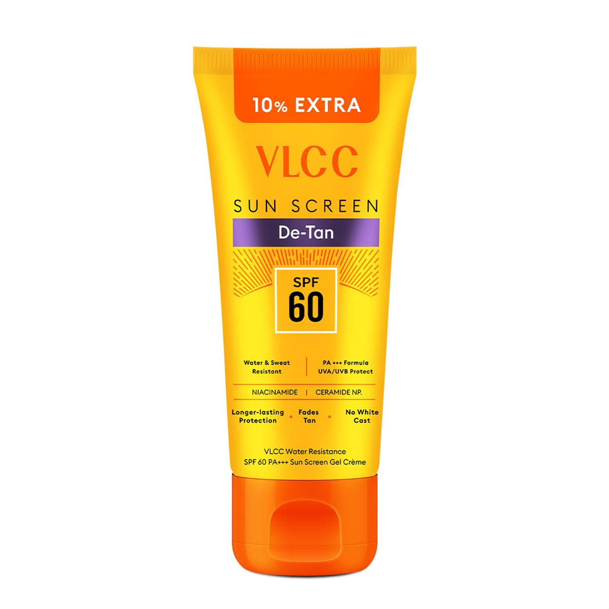 VLCC De-Tan Water Resistant SPF 60 PA+++ Sunscreen Gel Crème - 100g + 10g Extra | With Niacinamide, Ceramides & Vitamin E | Protects from UVA, UVB Rays, Sun Damage, Skin Darkening and Premature Ageing