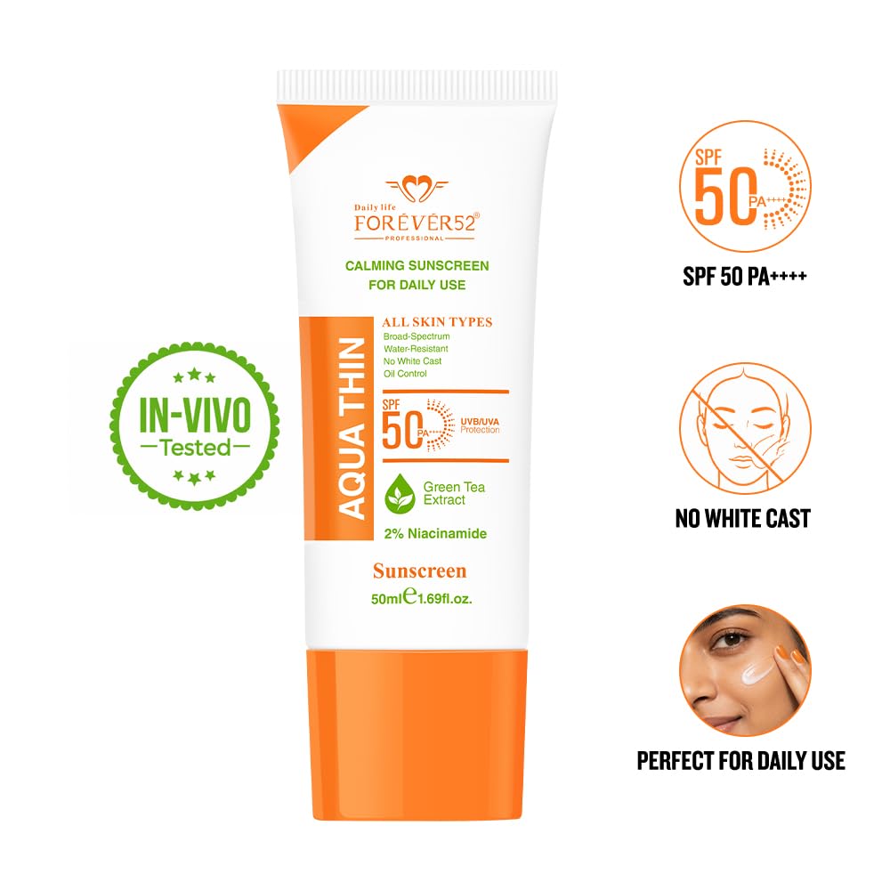 Daily Life Forever52 Aqua Thin Calming Sunscreen SPF 50 PA++++ | 2% Niacinamide & Green Tea Extract | UVA/UVB Protection | Lightweight, No White Cast, Water-Resistant Daily Sunscreen (50ml)