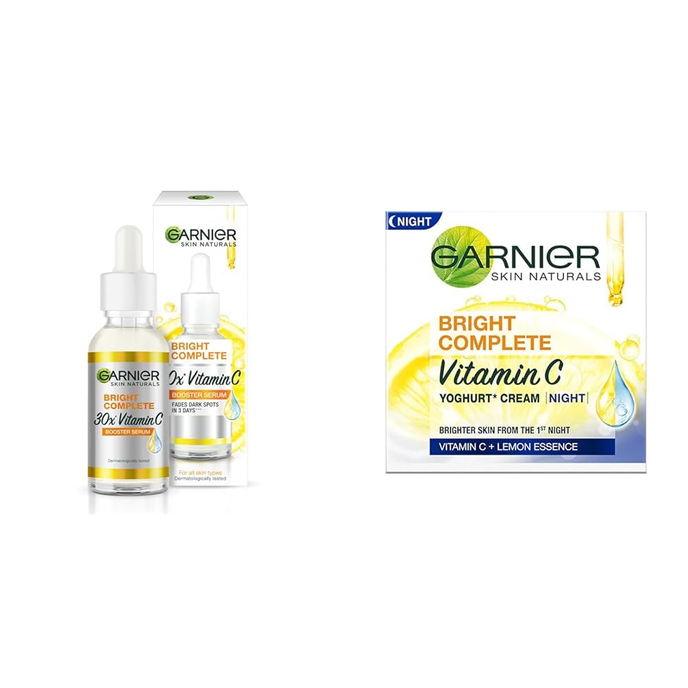 Garnier Skin Naturals, Face Serum, Brightening and Anti-Dark Spots, Bright Complete Vitamin C Booster, 50 ml & Garnier Skin Naturals, Night CreamBright Complete Vitamin C Yoghurt, 40 g
