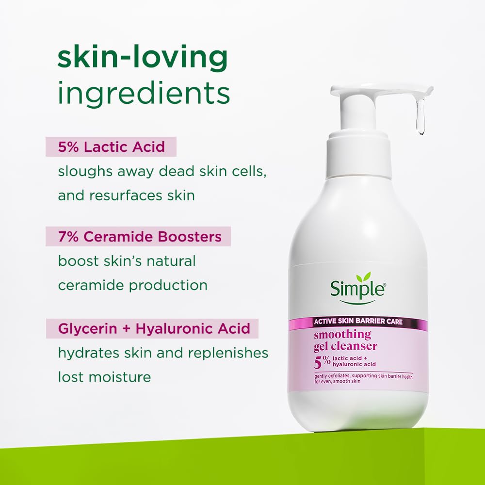 Simple Active Skin Barrier Care Smoothing Gel Face Cleanser 150 ml | with 7% Ceramide boosters, Lactic Acid & Hyaluronic Acid | Gently Exfoliates