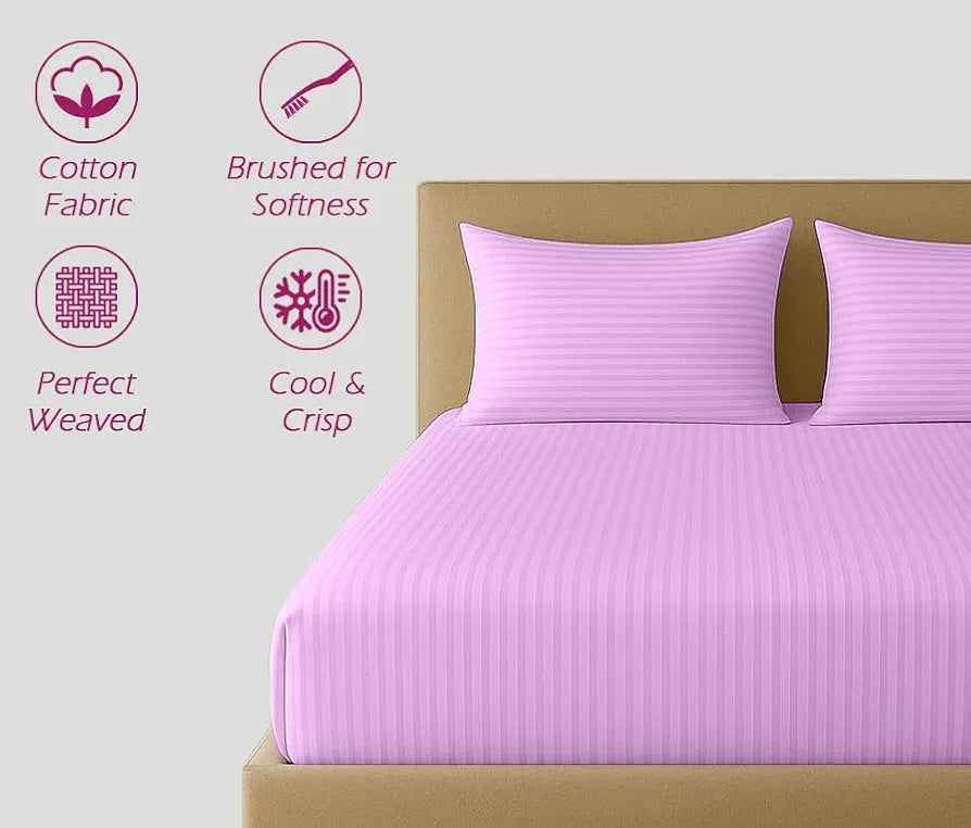 Trance Home Linen 100% Cotton 78x72 inch King Fitted 200TC Satin Stripe Elastic Fitted Bedsheet with 2 Pillow Covers Colour Pink