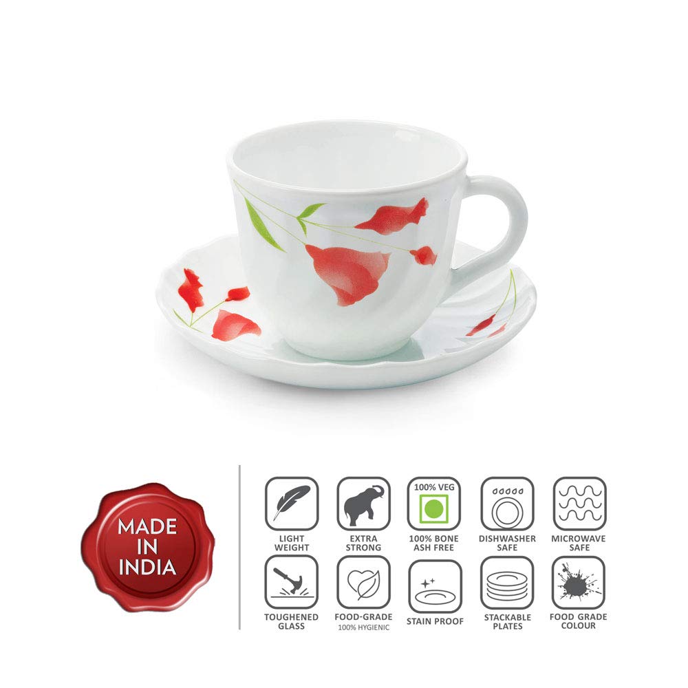 Larah by Borosil Glass Diana Cup and Saucer Set | Set of 6 |12-piece | 220ml | White