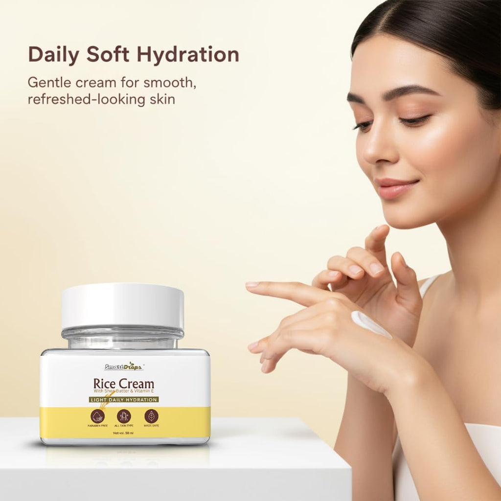 Smartdrops Rice Face Cream with Shea Butter and Vitamin E Light Daily Hydration Skin Care Cream, Daily Glow Light Moisturizing Cream - 50 g (Pack 1)