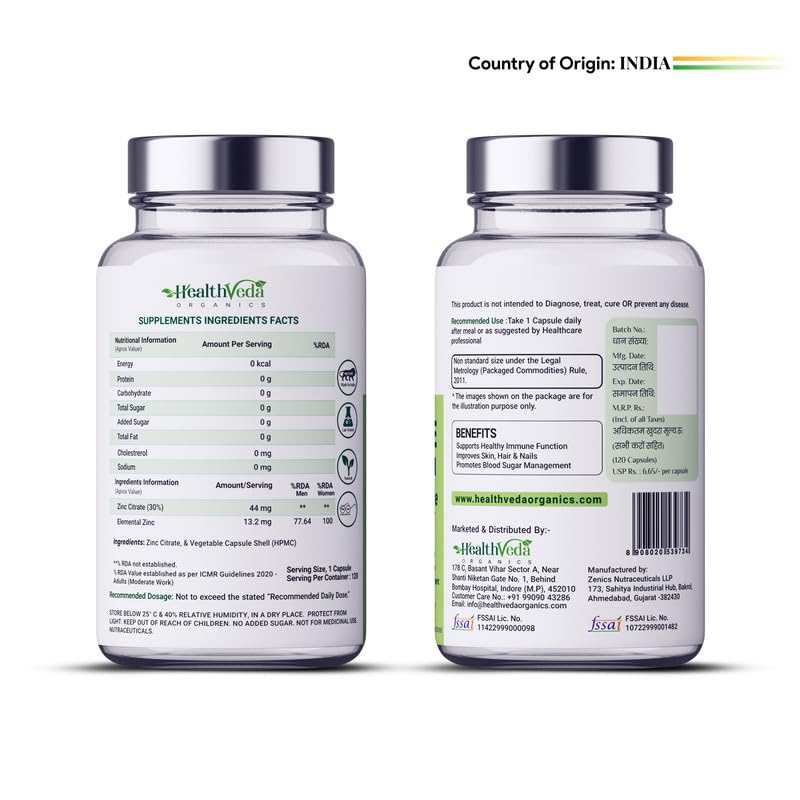 Health Veda Organics Zinc Citrate | Supports Immune and Immunity | Healthier Skin, Hair & Nails | Improves Iron Absorption | 120 Veg Capsules | For Both Men & Women