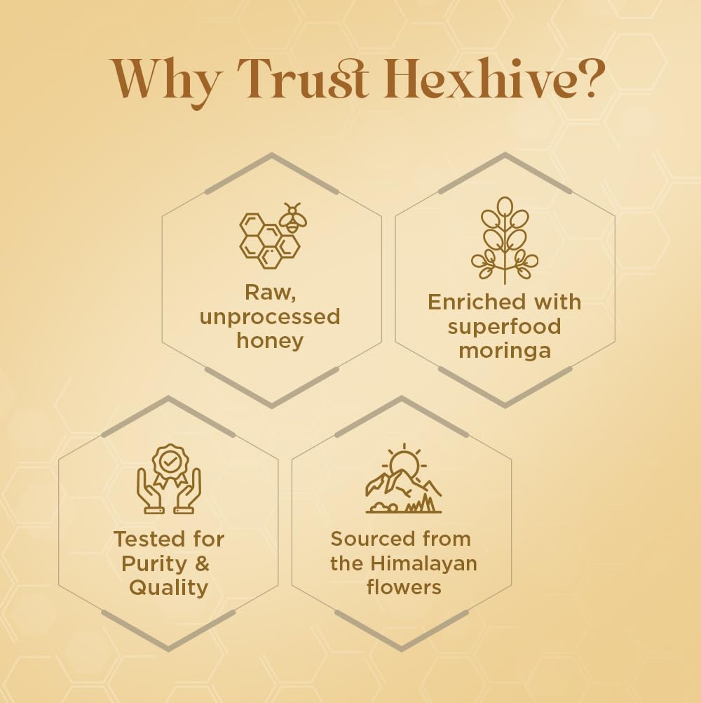 Hexhive Moringa Honey | Ayurvedic Wellness Superfood | Organic Honey with Moringa Extracts | Rich in Vitamins & Antioxidants | Natural Immunity & Detox Support | No Added Sugar | 250g