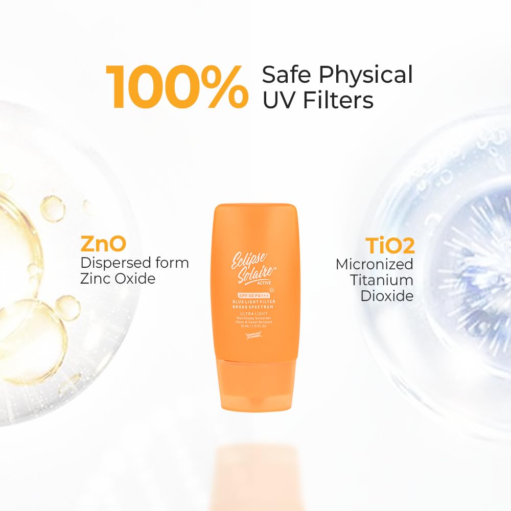 YUDERMA Eclipse Solaire Active Sunscreen SPF 50 PA+++ | No White Cast | Broad Spectrum UVA/UVB/IR & Blue Light Shield | Lightweight, Non-Greasy Formula for All Skin Types â€“ 30ml