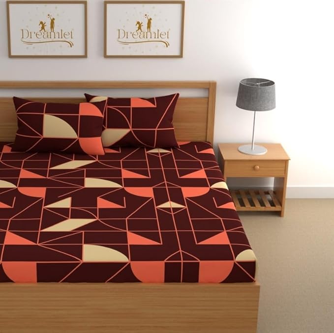 Dreamlet Prime Collections 160tc Pure Cotton Breathable Supersoft Wrinkelfree Double Flat Bedsheet With 2 Pillow Covers | Brown Multi