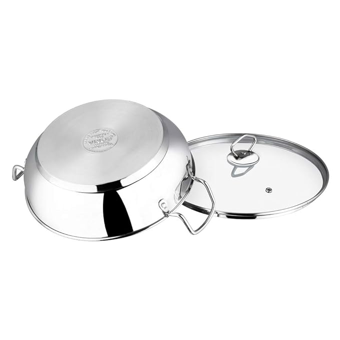 Vinod Stainless Steel Kadhai with Glass Lid - 4 Litre, 26cm | Extra Thick, SAS Heavy Bottom | Kadai for Cooking