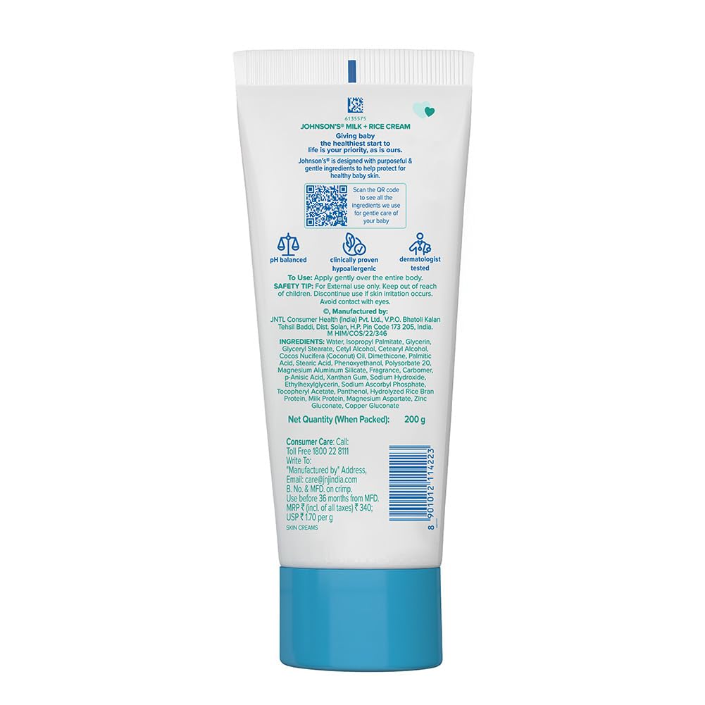 Johnson's Milk + Rice Cream, with Milk extracts and Vitamin E to Replenish Moisture, pH Balanced, 200gm, White