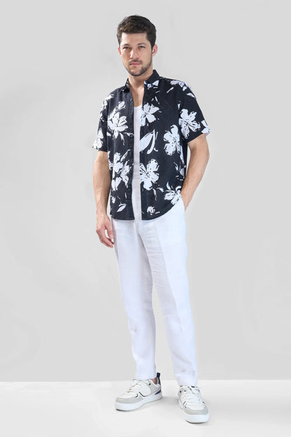 Xkind Black Floral Printed Textured Regular Fit Shirt