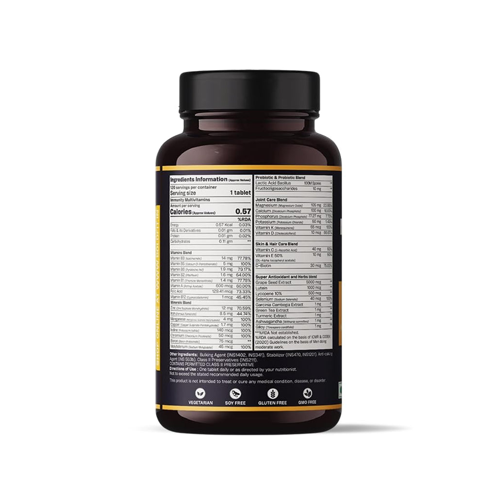 Boldfit Best Multivitamin Tablet For Men, Multi vitamin Tablet For Men with Probiotics, Vitamin C, E, B12, B6, Zinc & Grape Extract For Immunity & Energy Multivitamin Supplement- 120 Veg Tablets