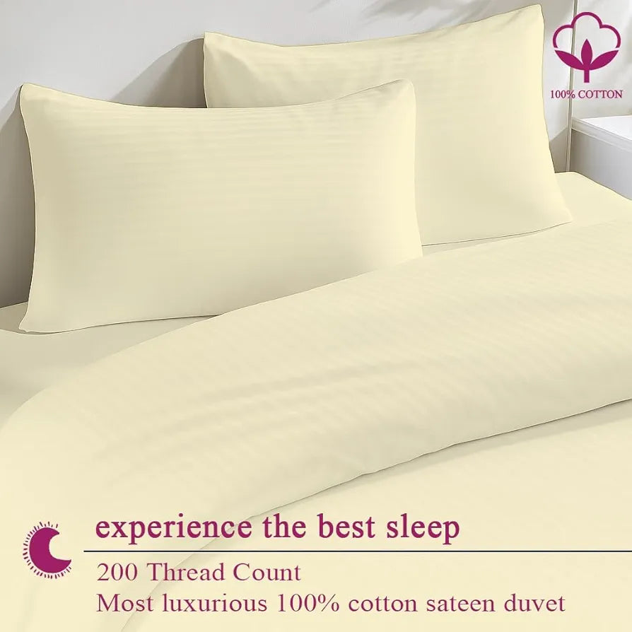 Trance Home Linen Zippered 100% Cotton 200TC Satin Stripe King Size Duvet Cover Quilt Cover Blanket Cover Razia Comforter Cover with 2 Pillow Covers Colour Light Ivory Cream