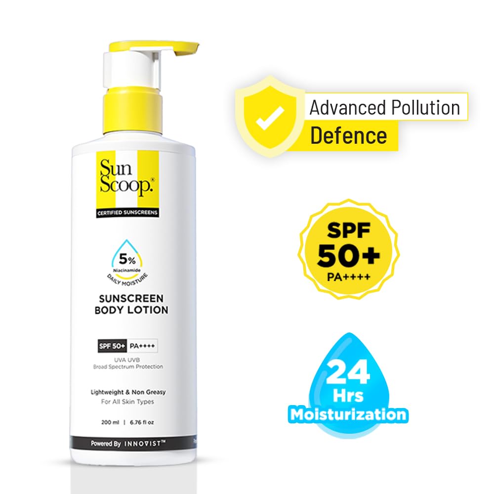 SunScoop 5% Niacinamide Daily Moisture Sunscreen Body Lotion SPF 50+ PA++++ Broad Spectrum| In-Vivo Tested| 24-Hours Moisturization| Non-Greasy| No White Cast| Reduces Tan| Smoothens Skin (200ml)