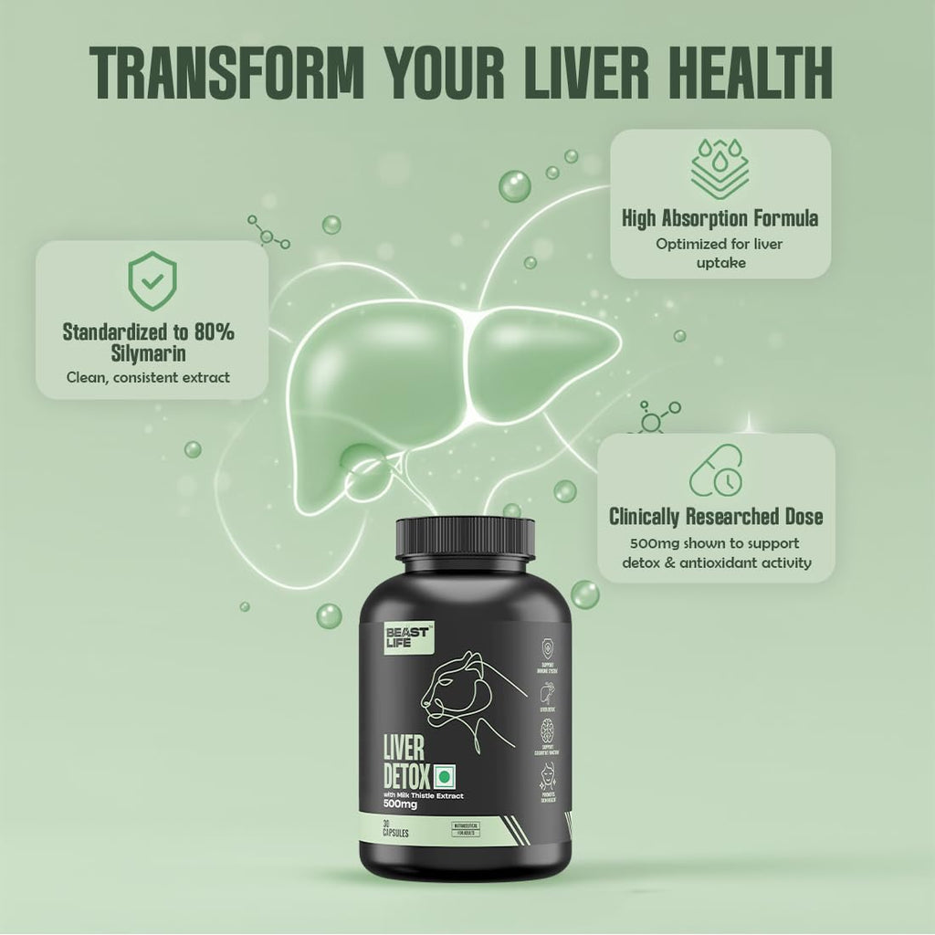BeastLife Liver Detox with Pure Milk Thistle (80% Silymarin) Extract | Added Multivitamin & Amino Acid with Natural Detoxification Formula | Liver Support Supplement | 30 Veg Capsules