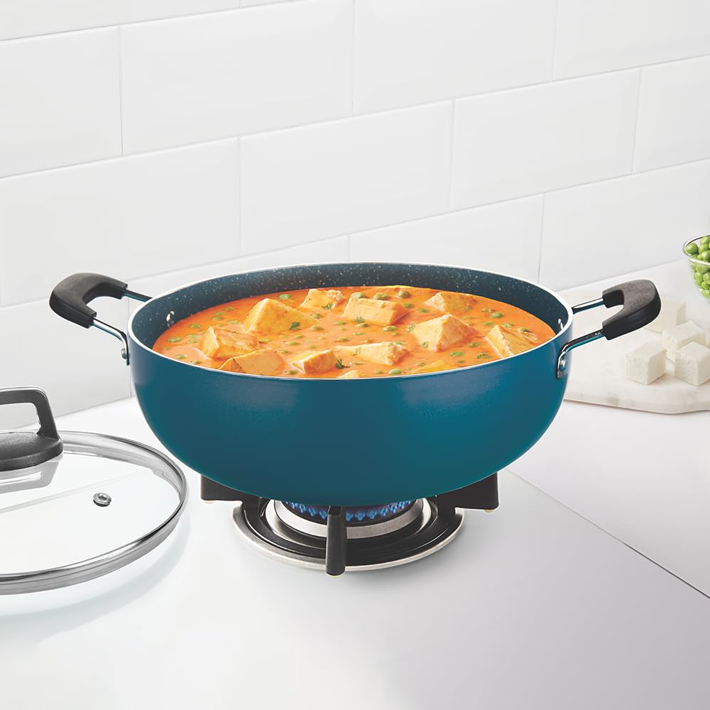 Borosil Prochef Non-stick Aluminum Kadhai With Lid 26 Cm | Gas Stove Compatible | Thick Uniform Body for Even Heating | Dishwasher Safe