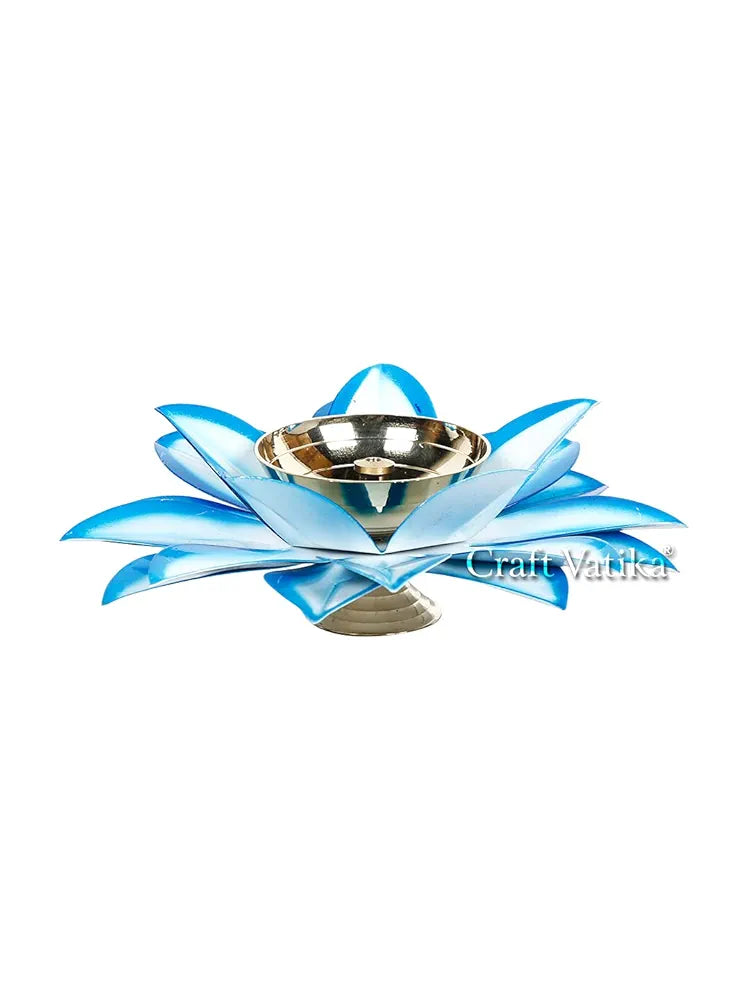 Brass Diya Oil Lamp Stand Lotus Kamal Patti Diyas Sky Blue