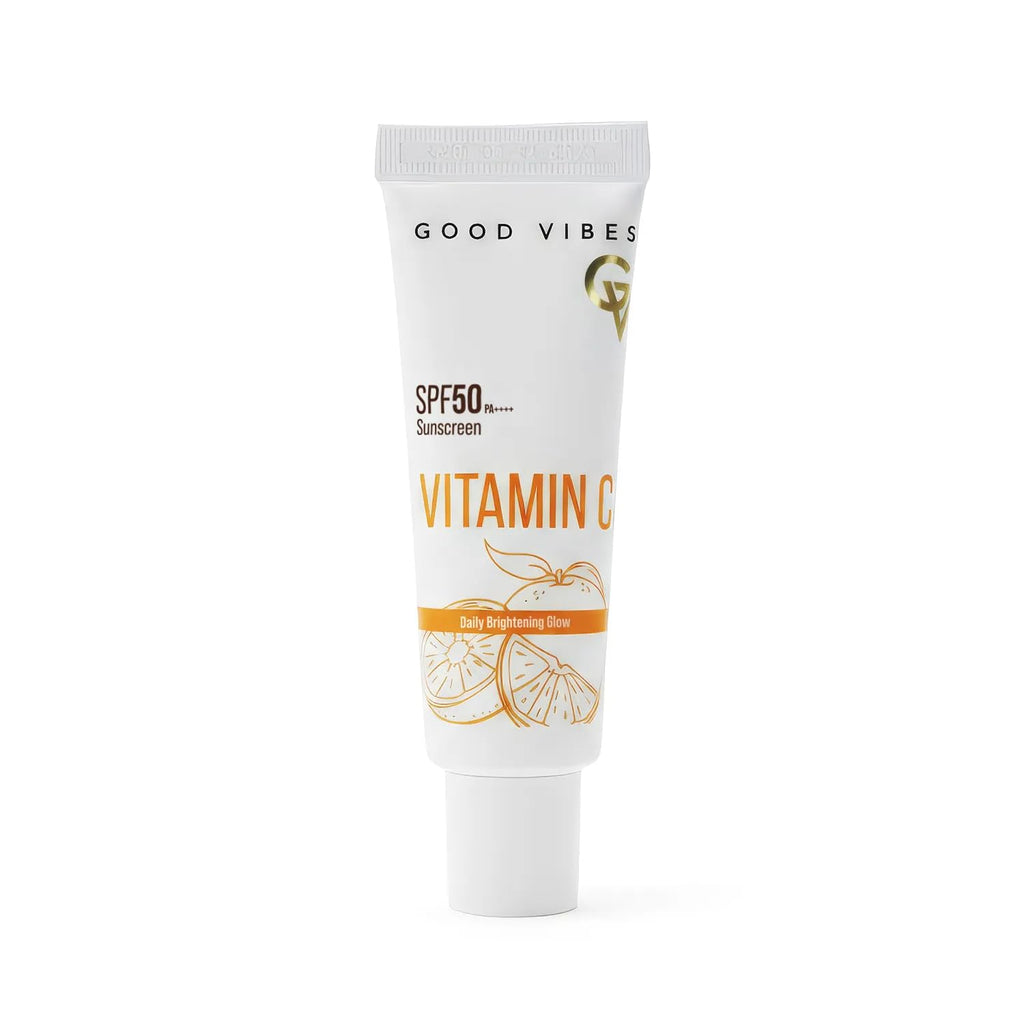 Good Vibes Vitamin C SPF 50 PA++++ Sunscreen | Brightening & Hydrating | 3% Niacinamide + Hyaluronic Acid | No White Cast, Lightweight & Non-Sticky | Daily Glow Sun Protection For All Skin Types â€“ 50 gm