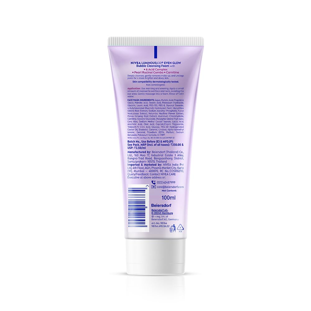 NIVEA Luminous Even Glow Bubble Cleansing Foam Face Wash | For Glowing Skin, Skin Brightening & Refined Pores | Pearl Rucinol + 6 Acid Complex | Makeup Remover | Daily Face Cleanser | 100ml